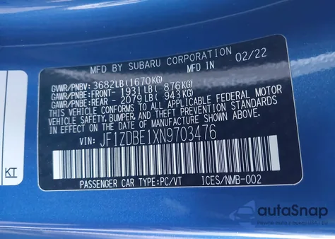 2022 Subaru Brz Limited из США, поврежденный, VIN JF1ZDBE1XN9703476